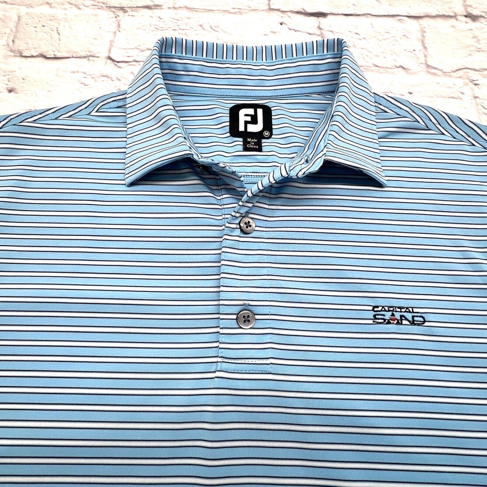 FJ Footjoy Golf Polo Shirt Men's MEDIUM Blue White‎ Striped - Capital Sand